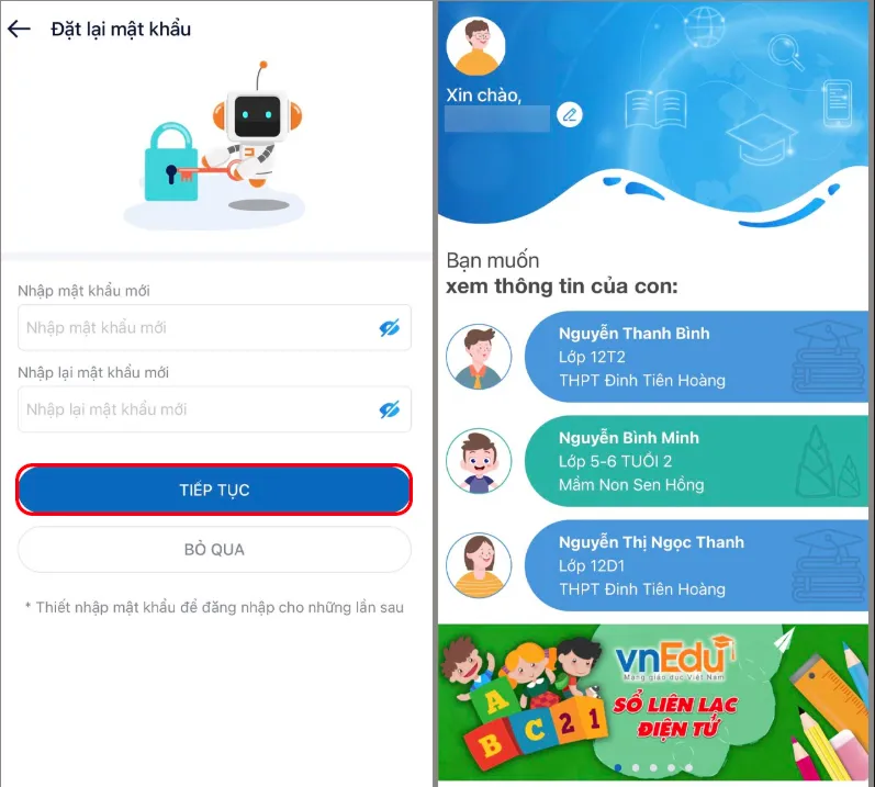 Bấm tiếp tục > Chọn mục tên để tiến hành xem thông tin