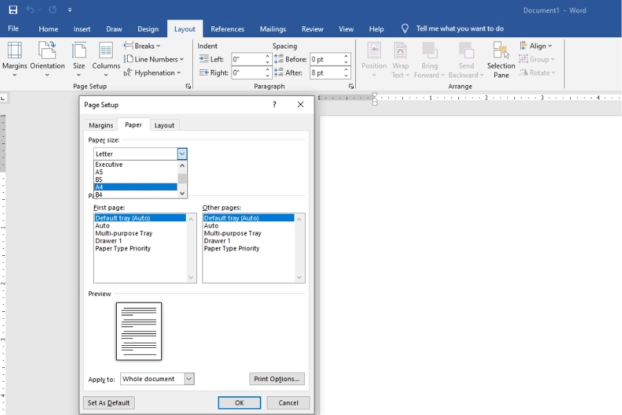 Cách chọn khổ giấy chuẩn trong Word (A4)