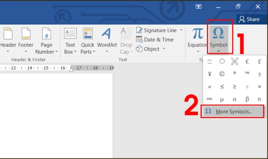 Di chuyển đến nhóm bên phải ngoài cùng, chọn Symbol (Ký hiệu) và nhấn vào More SymbolsDi chuyển đến nhóm bên phải ngoài cùng, chọn Symbol (Ký hiệu) và nhấn vào More Symbols