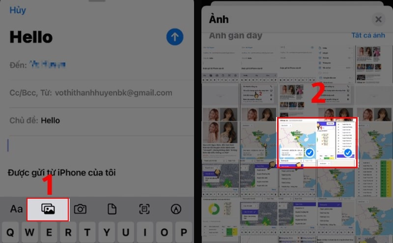 Sau khi ảnh đã được tải lên và hiển thị trong nội dung thư, bạn nhấn vào biểu tượng Mũi tên hướng sang phải Sau khi ảnh đã được tải lên và hiển thị trong nội dung thư, bạn nhấn vào biểu tượng Mũi tên hướng sang phải