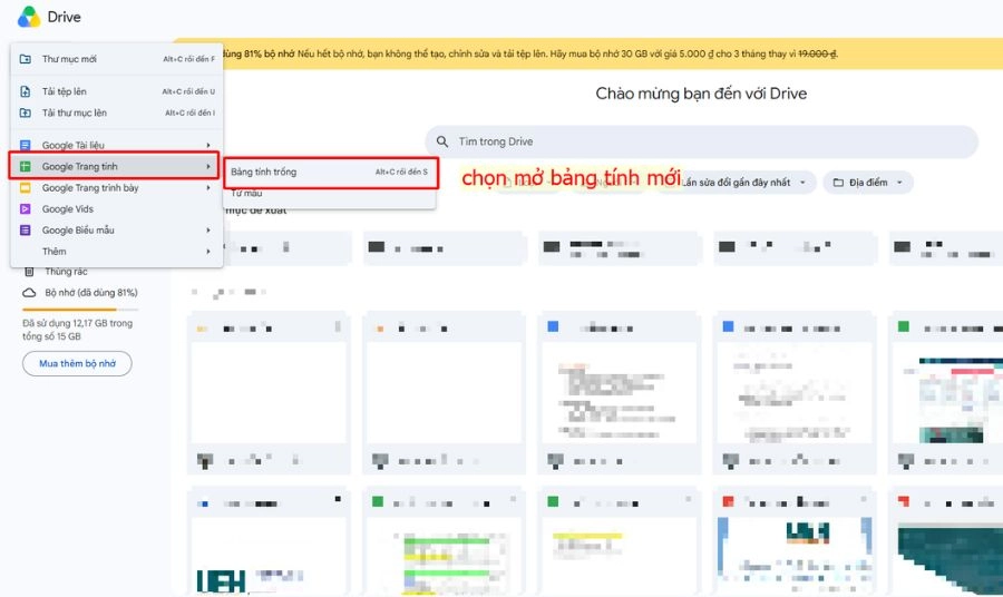 Đăng nhập tài khoản Google, sau đó truy cập Google Sheets