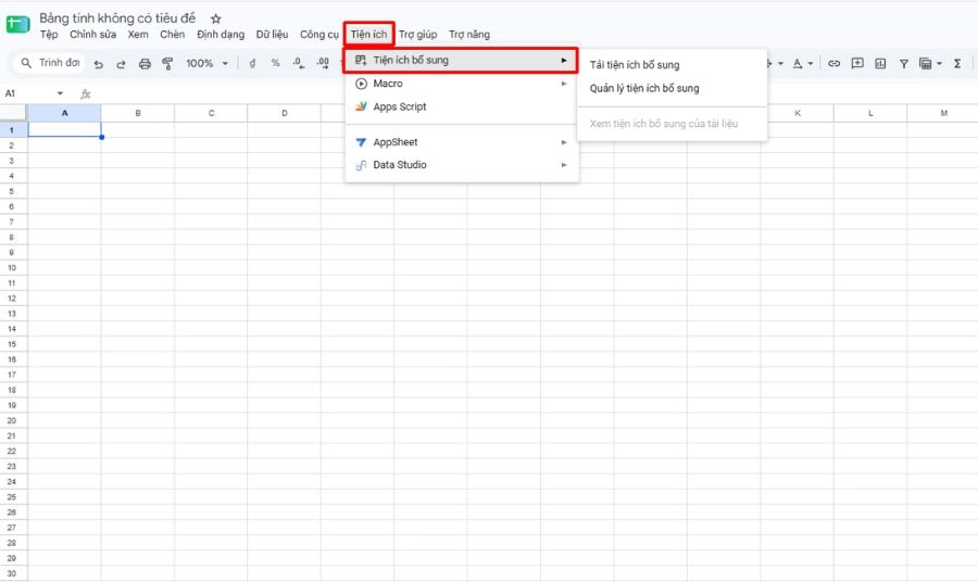 Mở kho tiện ích bổ sung. Tại giao diện Google Sheets