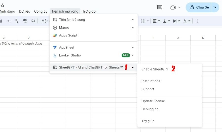 Sau khi cài đặt hoàn tất, quay lại Google Sheets
