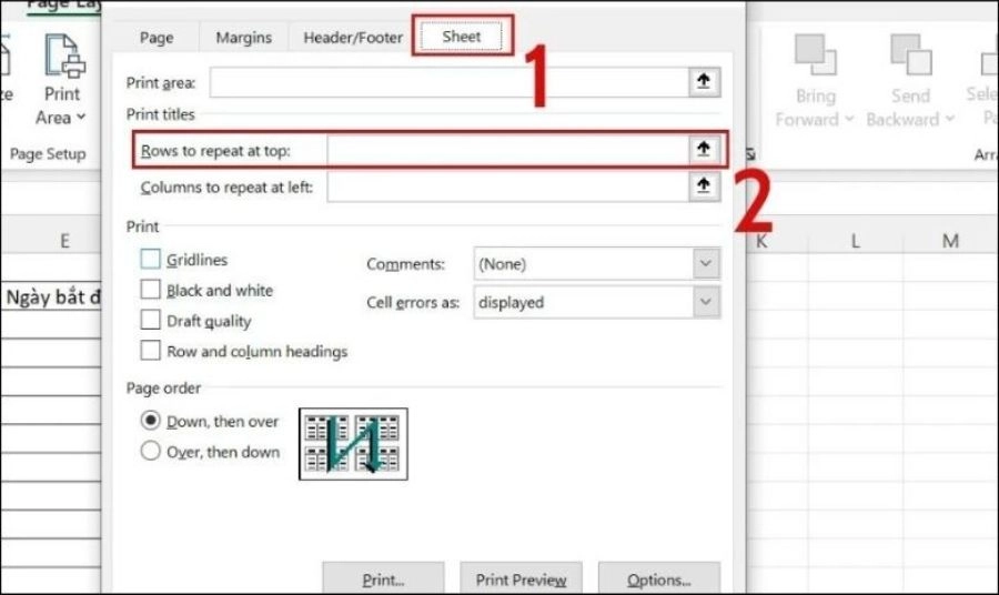 Chọn Hàng để lặp lại ở trên cùng. Trong cửa sổ Page Setup, chuyển sang tab Sheet