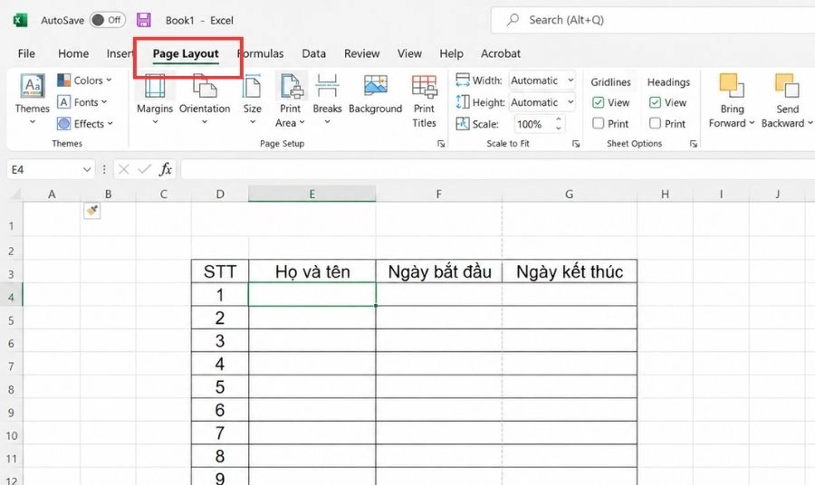 Nhấn Print Titles để mở cửa sổ Page Setup.