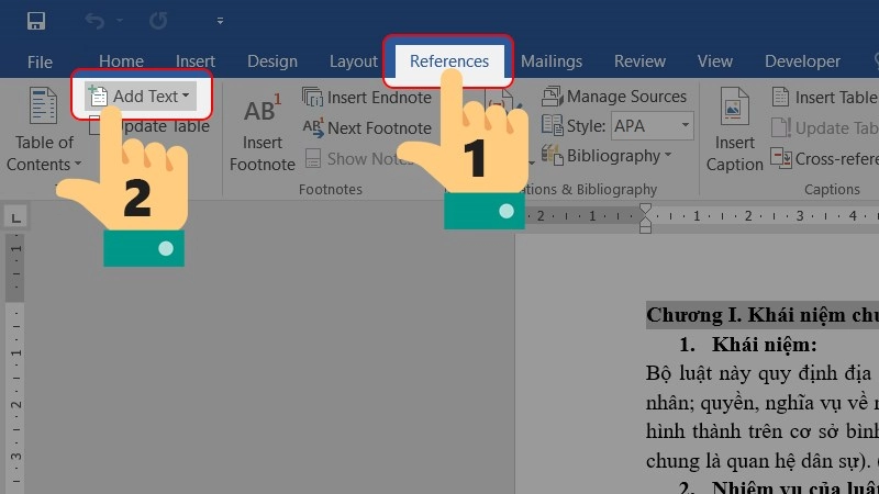Đánh dấu bằng công cụ Add Text (Tab References) Đánh dấu bằng công cụ Add Text (Tab References)