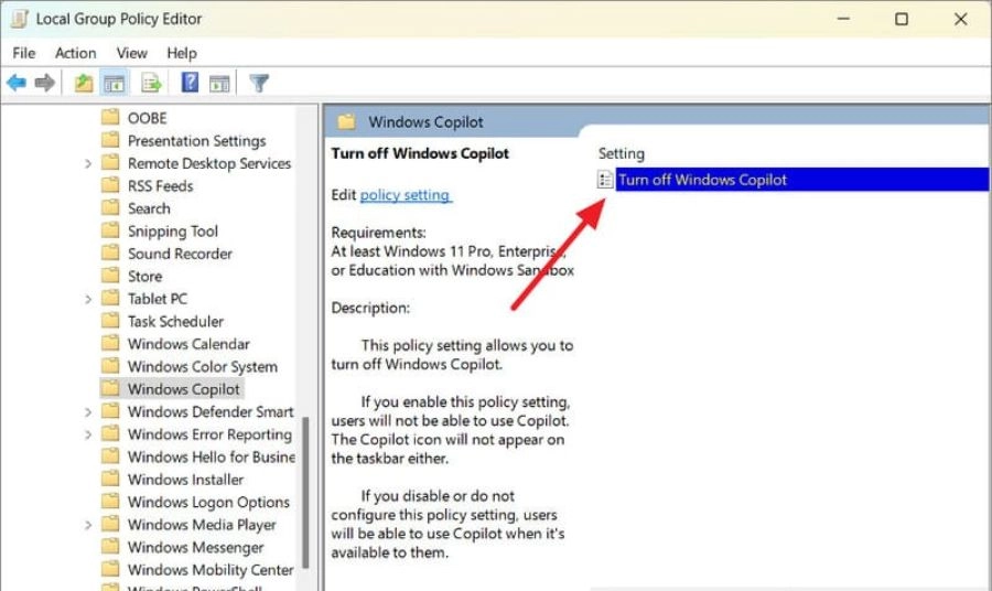 Điều hướng đến chính sách Windows Copilot