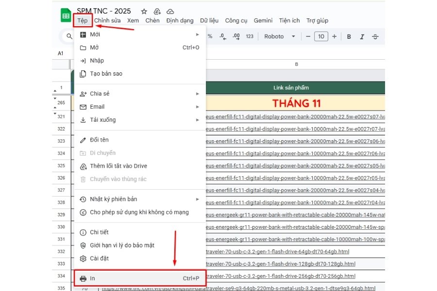 Mở file Google Sheets và chọn lệnh Print Mở file Google Sheets và chọn lệnh Print