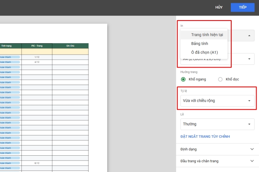 Cài đặt thiết lập in vừa khổ trang A4 Cài đặt thiết lập in vừa khổ trang A4