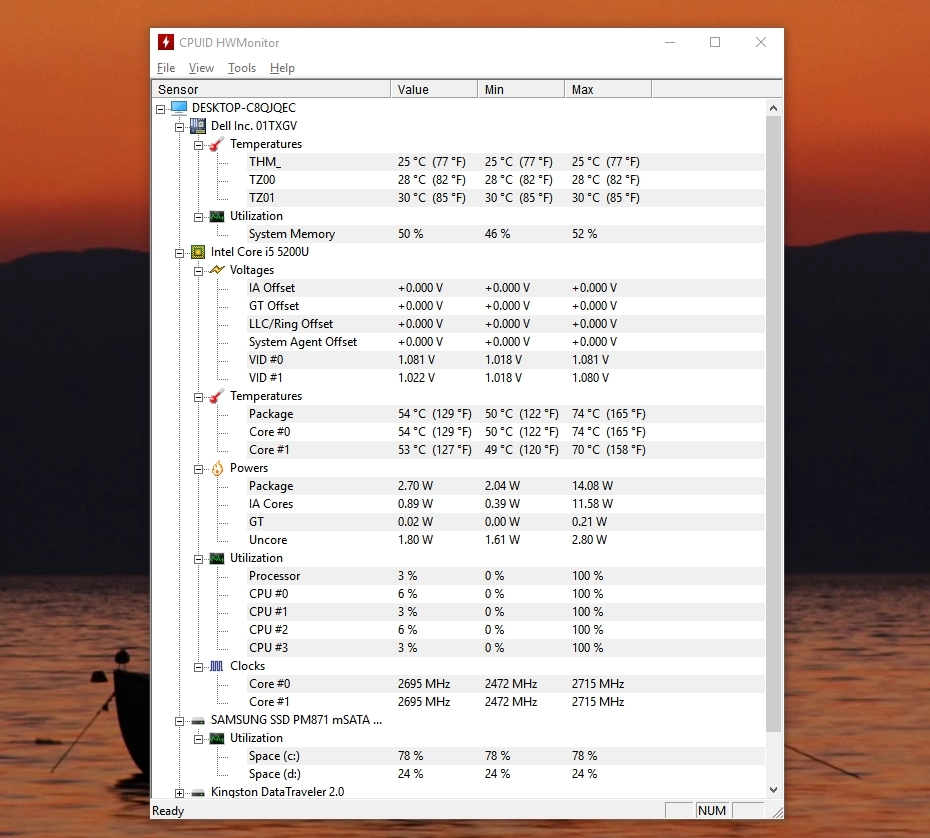 Mở HWMonitor và kiểm tra tổng phần cứng