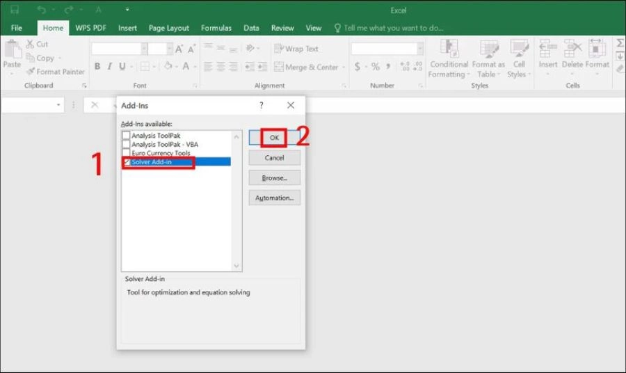 Xác nhận kích hoạt. Tích chọn vào ô Solver Add-in và nhấn OK