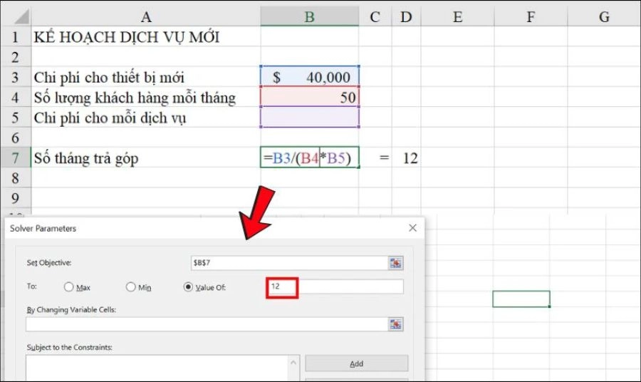 Khởi động và thiết lập tham số trong Solver. Nhấp vào biểu tượng Solver trên thẻ Data