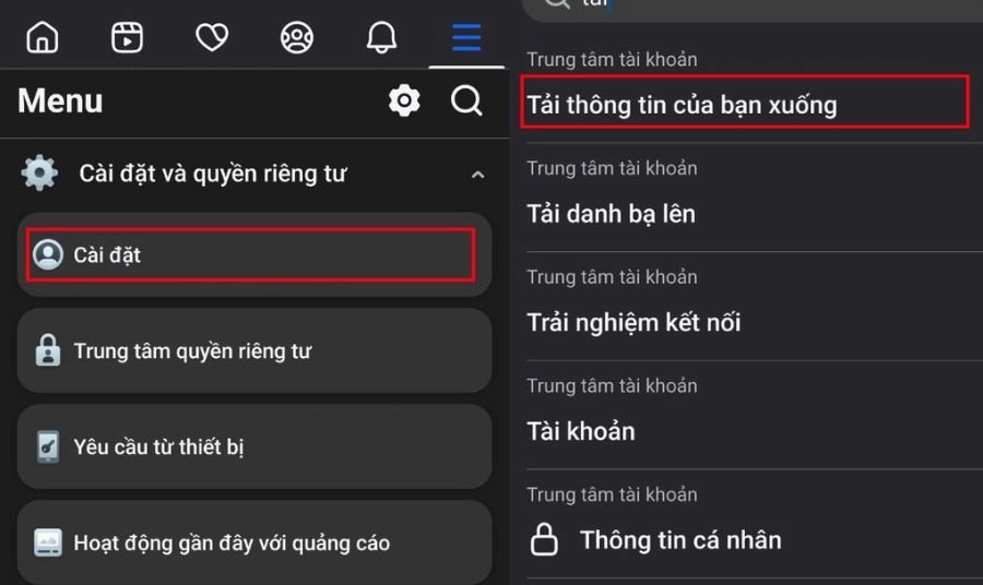 Cuộn xuống tìm mục Tải thông tin của bạn xuống.