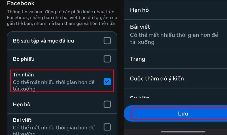 Lựa chọn dữ liệu. Nhấn Gỡ chọn tất cả, sau đó chỉ tích duy nhất vào ô Tin nhắn