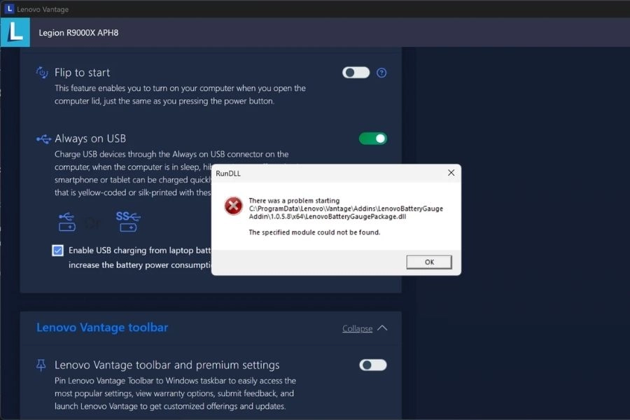 Lỗi thanh công cụ Toolbar báo thiếu file .dll trên Lenovo Vantage Lỗi thanh công cụ Toolbar báo thiếu file .dll trên Lenovo Vantage