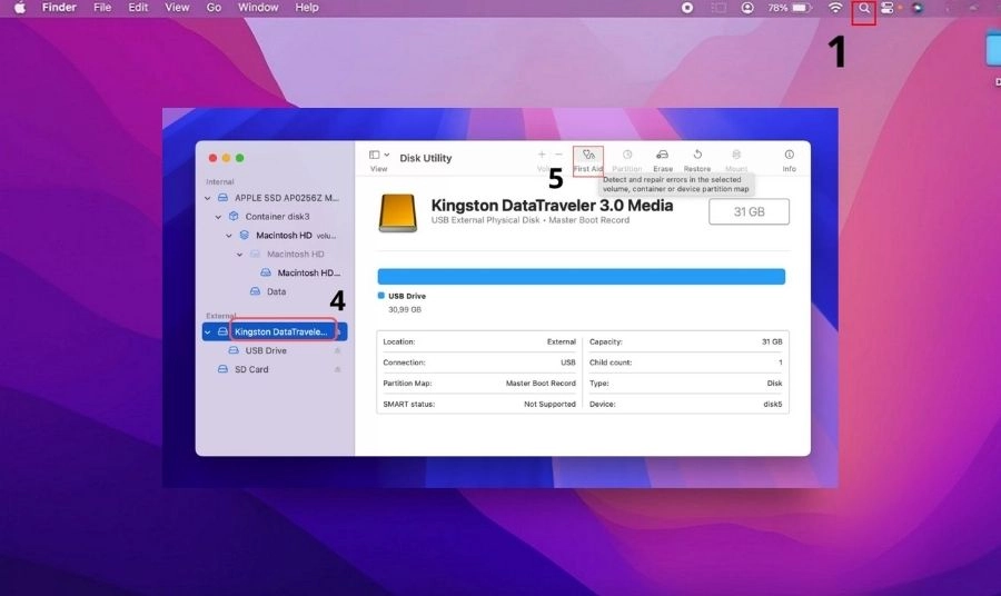 Kiểm tra và Mount USB thủ công qua Disk Utility