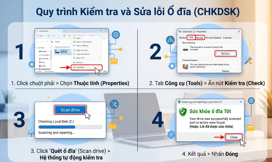 Quét và tự động sửa lỗi hệ thống bằng CHKDSK
