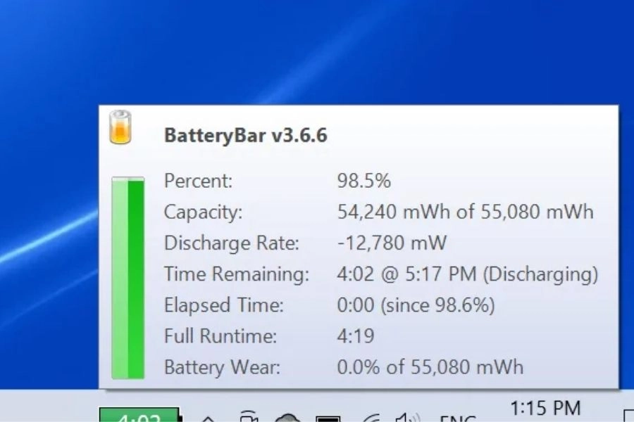 Phần mềm test pin laptop BatteryBar Phần mềm test pin laptop BatteryBar