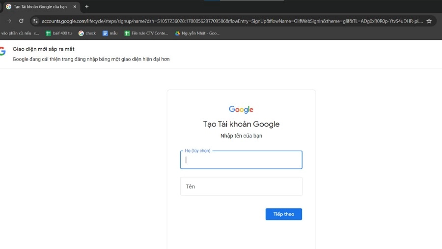 Tại thanh địa chỉ, truy cập trang tạo tài khoản Google 
