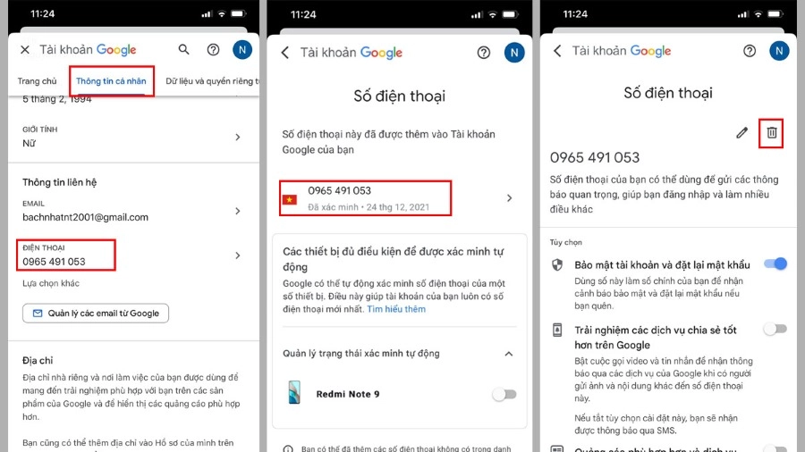 Kéo xuống phần Thông tin liên hệ, tìm đến mục Số điện thoại và nhấn chọn số điện thoại đang được liên kết với tài khoản