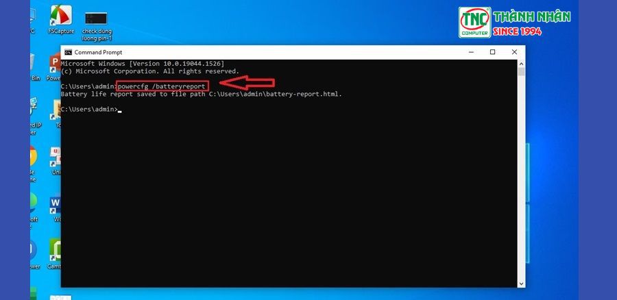 Trên giao diện Command Prompt > Nhập lệnh powercfg /batteryreport 