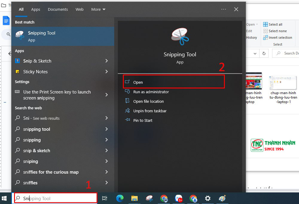 Tìm kiếm và mở ứng dụng Snipping Tools