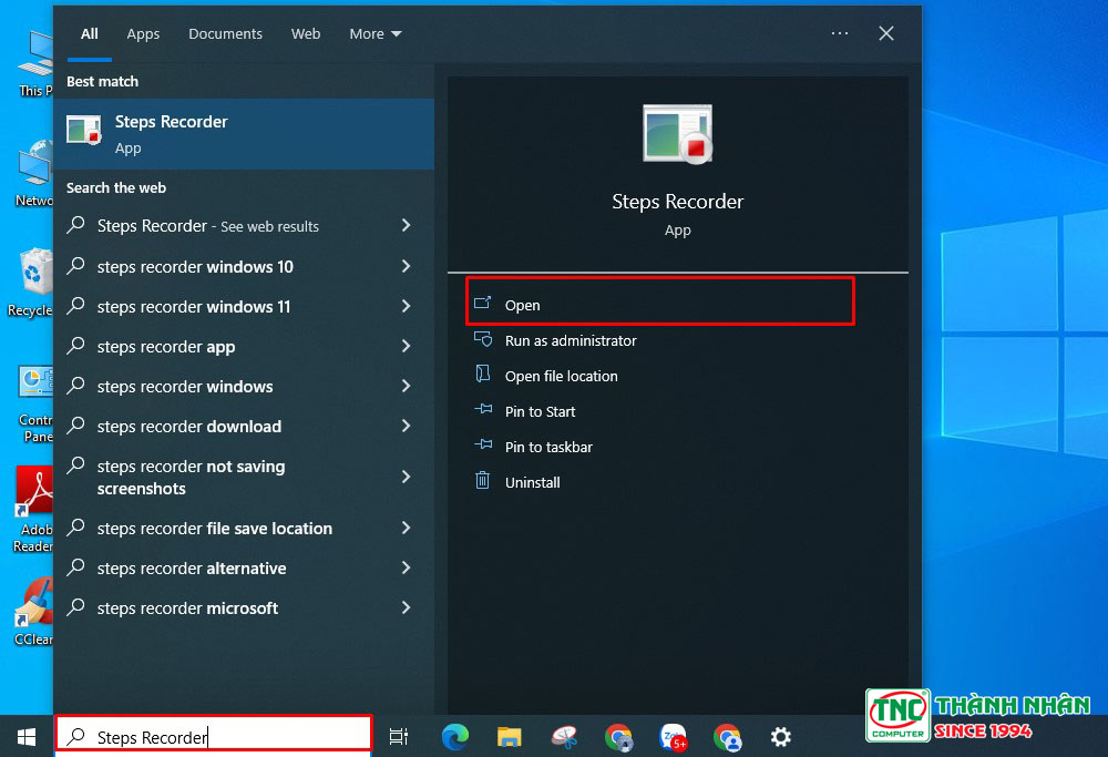 Tìm kiếm và mở cửa sổ Steps Recorder
