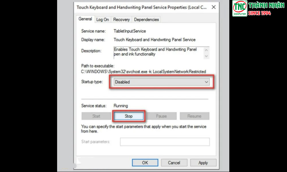 Chọn Disable tại mục Startup Type > Nhấn vào Stop > Chọn OK