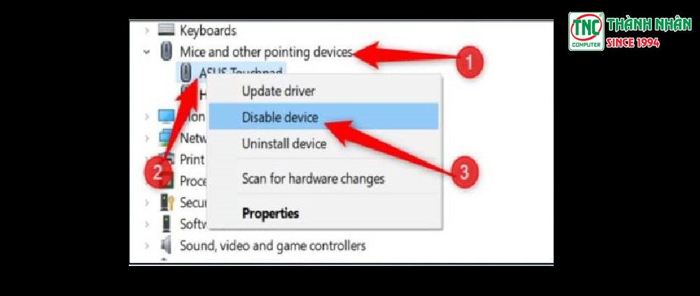 Nhấn chuột phải vào Driver cảm ứng chuột laptop của bạn > Chọn Disable Device