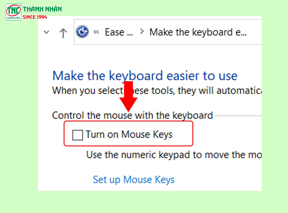 Bấm bỏ chọn mục Turn ON Mouse Keys
