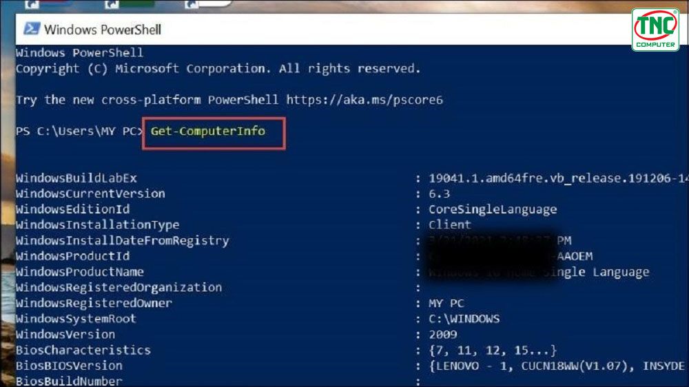 Nhập Get-ComputerInfo > Bấm Enter