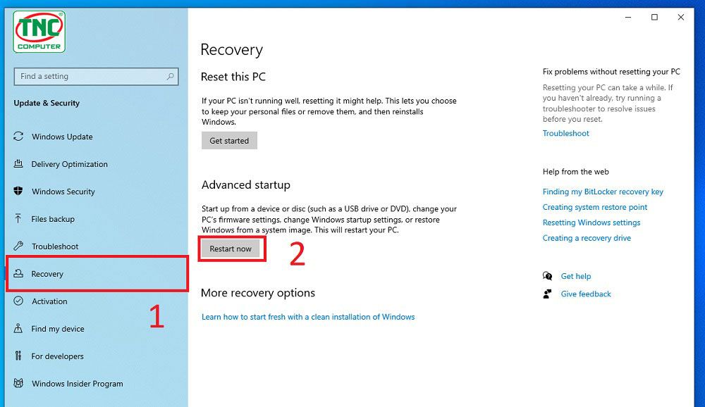Chọn vào mục Recovery và tiến hành chọn Restart