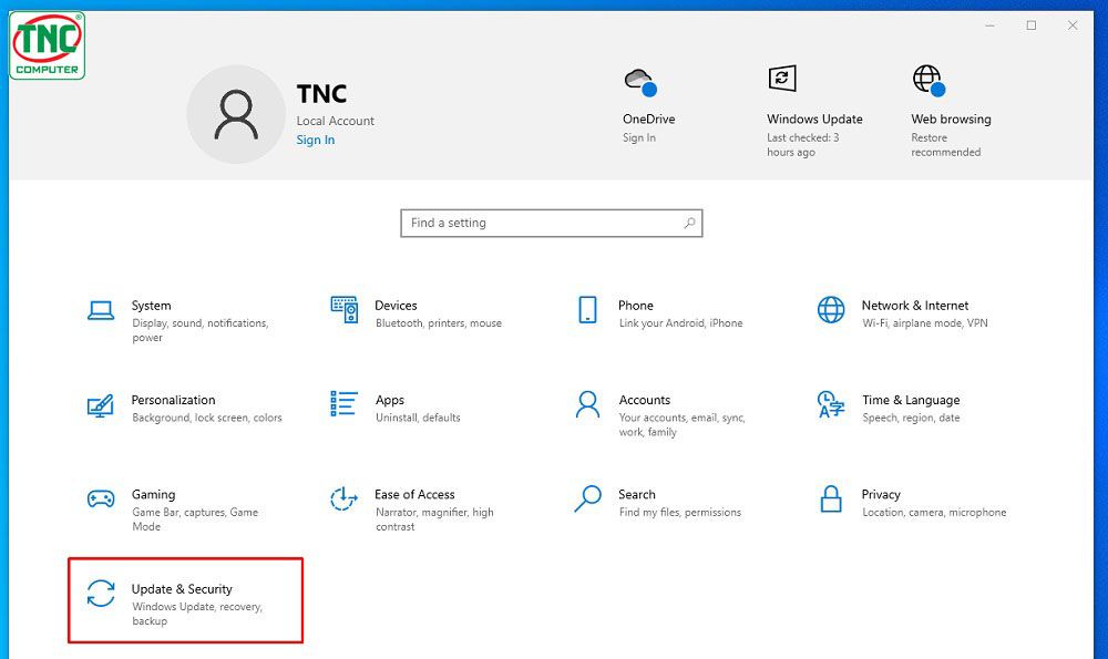 Chọn vào mục Update and Security