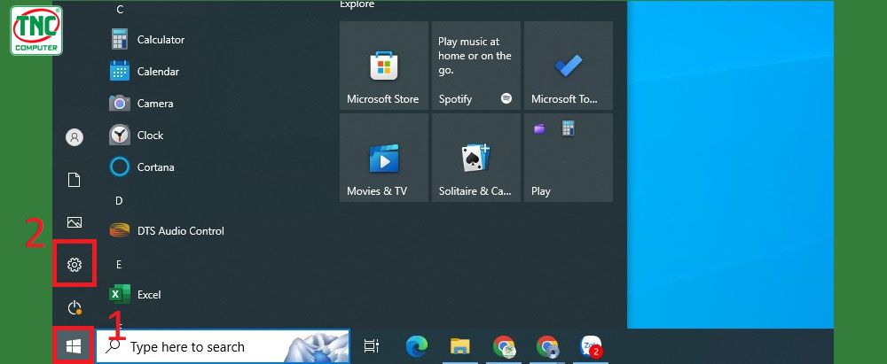 Bấm vào Start > Chọn mục Settings
