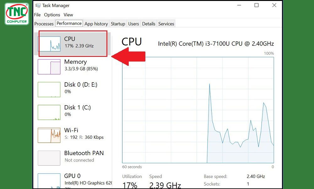 Bấm vào ô CPU để xem tên CPU và xung nhịp tối đa