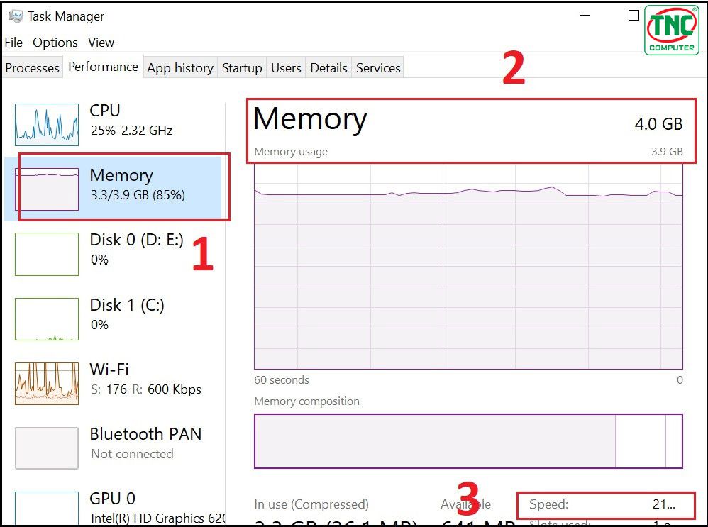 Vào mục Memory để xem dung lượng tối đa