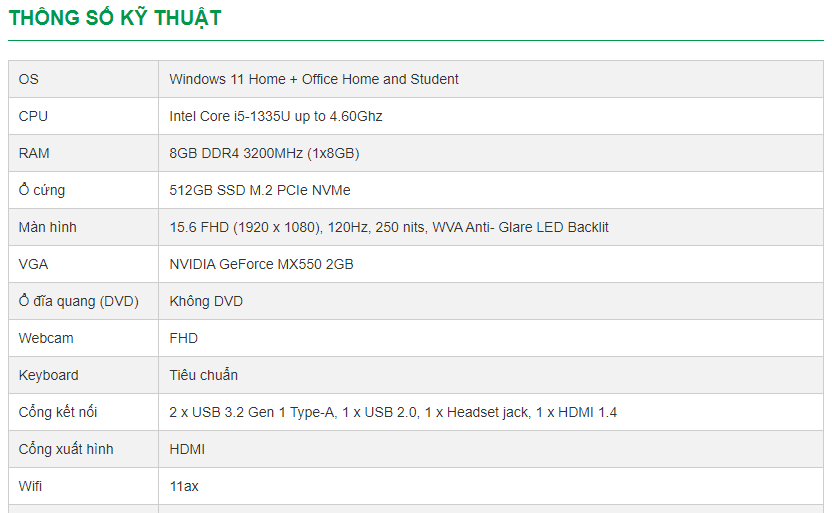 Thông số ví dụ của Laptop Dell Inspiron 15 3530