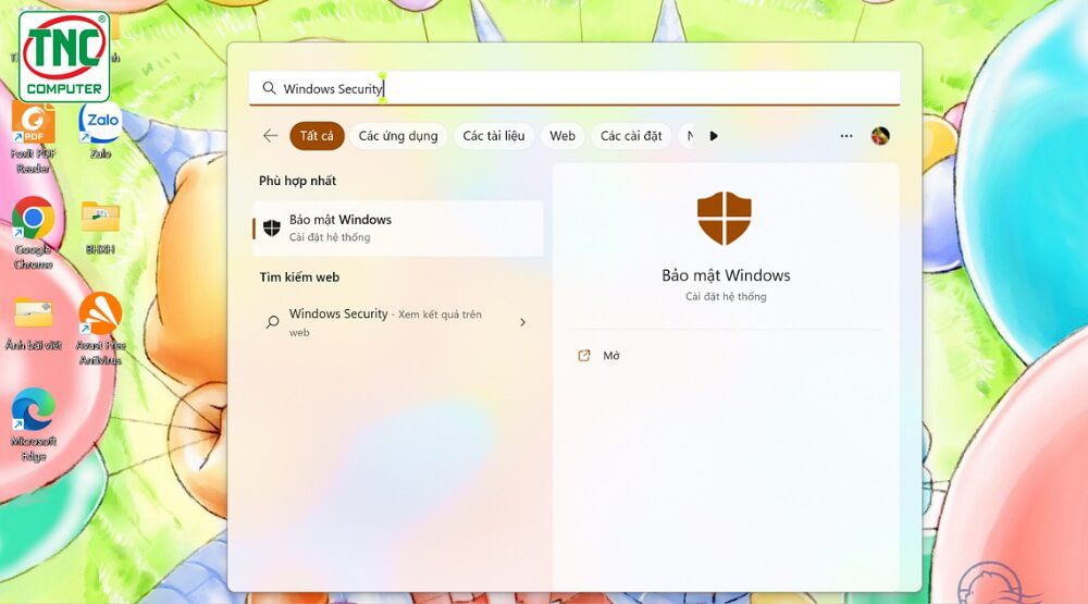 Tìm và mở ứng dụng Windows Security