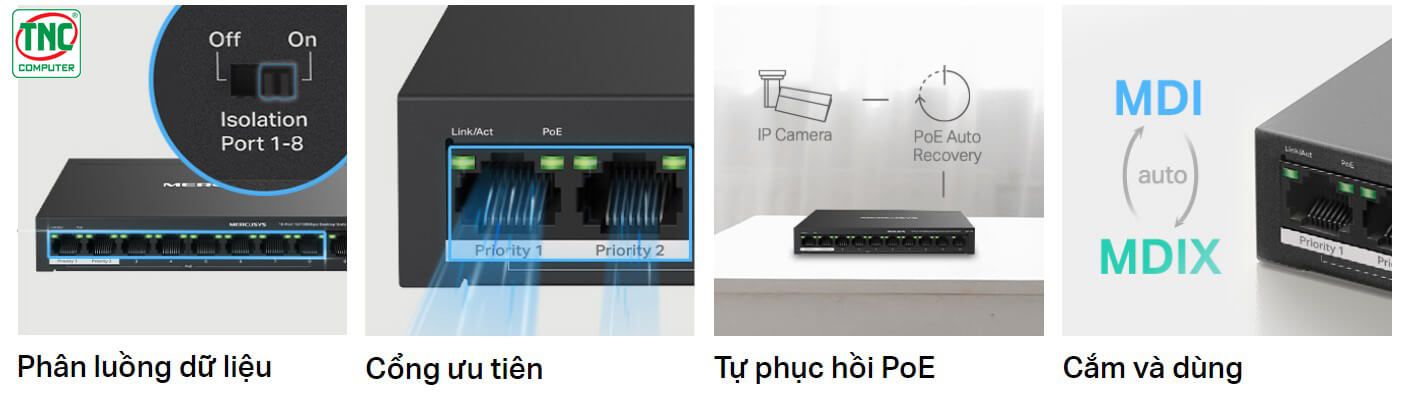 Switch PoE+ Mercusys MS110P (10 port/ 10/100Mbps) sở hữu công ưu tiên hiện đại