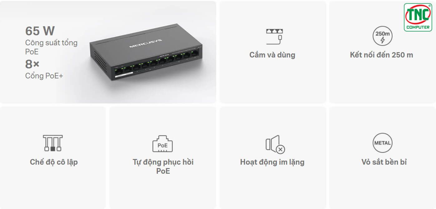 Switch PoE+ Mercusys MS110P (10 port/ 10/100Mbps) có hiệu suất hoạt động ổn định