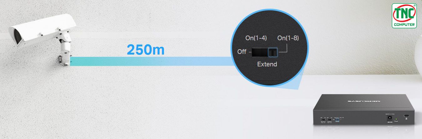 Switch PoE+ Mercusys MS110P (10 port/ 10/100Mbps) có phạm vi truyền tải khá xa