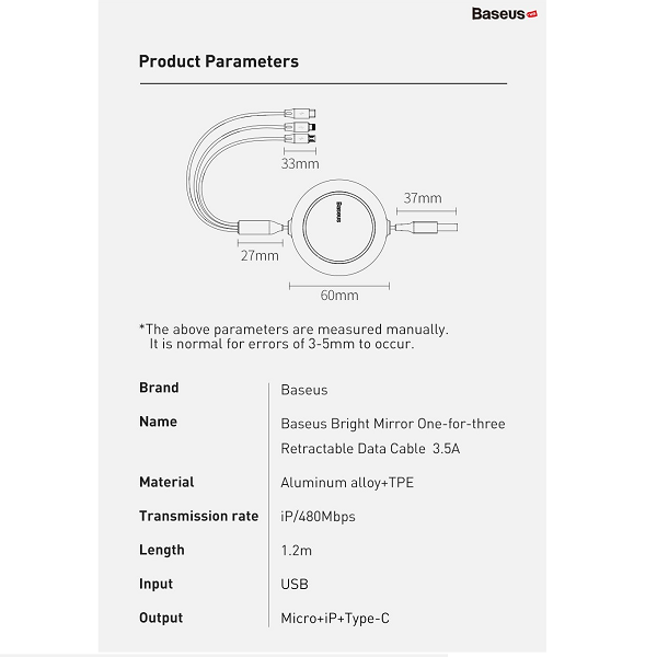 Cáp sạc dây rút Baseus Bright Mirror 2 Series Retractable 3 in 1 sở hữu tốc độ sạc nhanh lên tới 30%