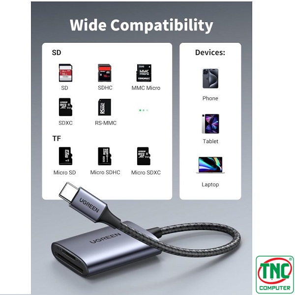 Đầu đọc thẻ nhớ SD TF USB-C 3.1 hỗ trợ thẻ 2TB Ugreen 80888 có khả năng kết nối đa dạng Đầu đọc thẻ nhớ SD TF USB-C 3.1 hỗ trợ thẻ 2TB Ugreen 80888 có khả năng kết nối đa dạng