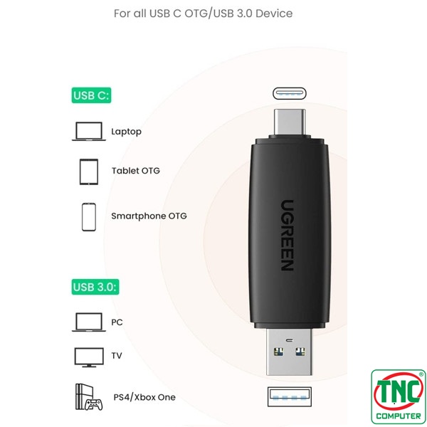 Đầu đọc thẻ SD/TF chuẩn USB Type-C và USB 3.0 Ugreen Đầu đọc thẻ SD/TF chuẩn USB Type-C và USB 3.0 Ugreen