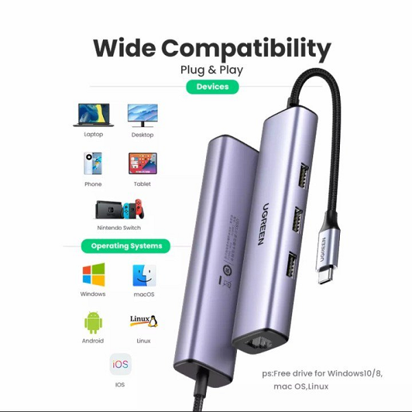 Hub USB-C to LAN Ugreen 20932 được làm bằng chất liệu bền bỉ Hub USB-C to LAN Ugreen 20932 được làm bằng chất liệu bền bỉ, chắc chắn