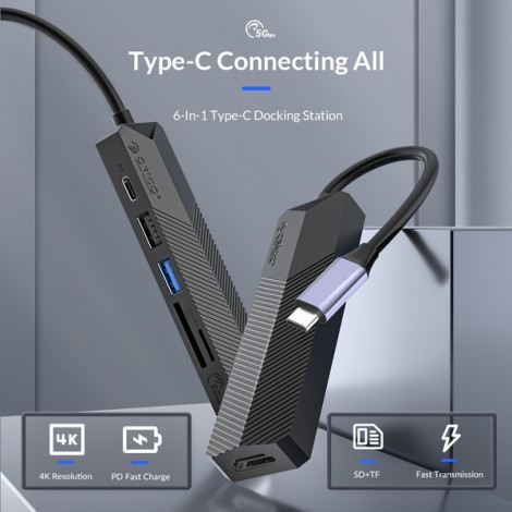 Bộ chia USB-C Hub 6 in 1, Đen, ORICO MDK-6P-BK