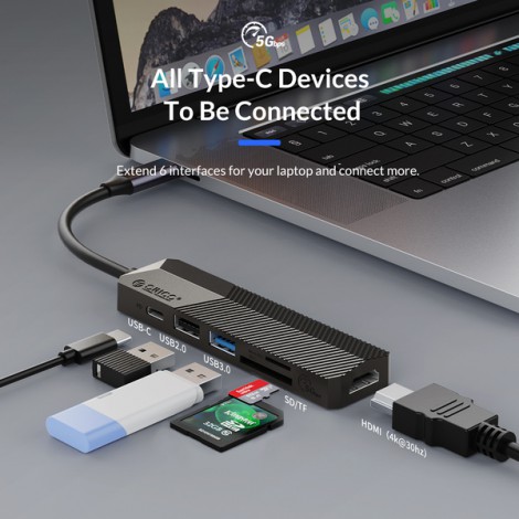 Bộ chia USB-C Hub 6 in 1, Đen, ORICO MDK-6P-BK