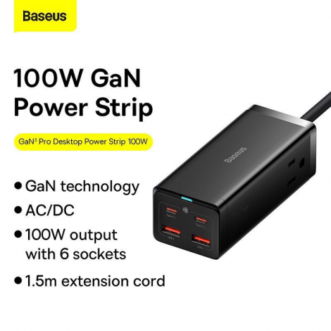 Bộ sạc nhanh tích hợp dây nguồn nối dài Baseus GaN3 Pro Desktop Powerstrip PSZM000401