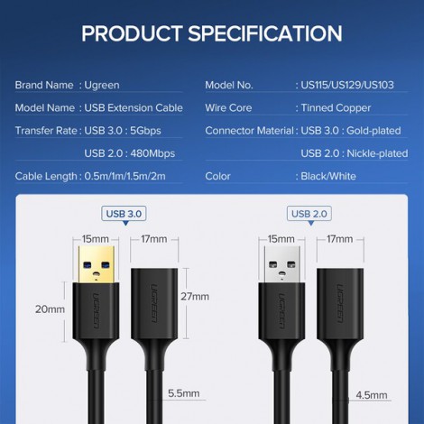 Cáp USB 2.0 nối dài 0.5m Ugreen 10313