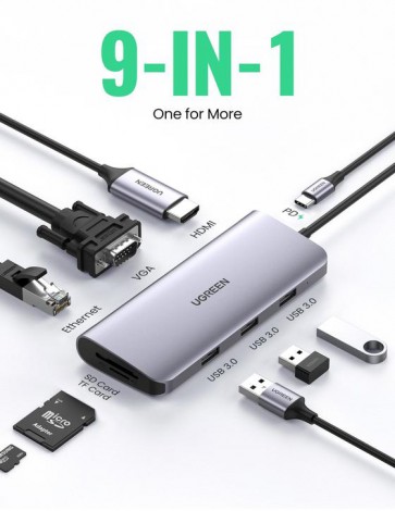 Bộ chuyển USB C to HDMI + VGA + USB 3.0 + LAN 1Gbps + Card Reader đa năng Ugreen 40873 (9 in 1)